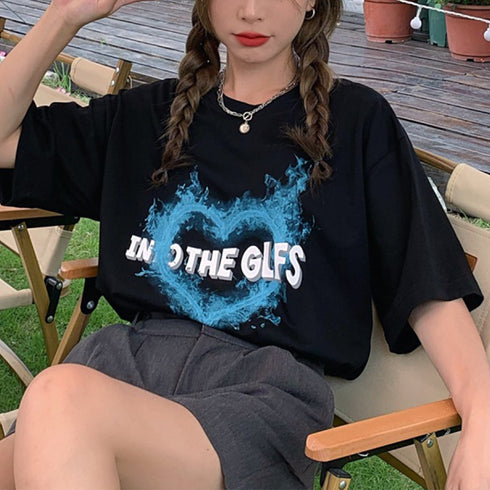 半袖Tシャツ レディース 可愛い 愛のパターンプリント tシャツ 夏 ゆったり 韓国ファッション 98AMYI-002