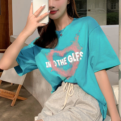 半袖Tシャツ レディース 可愛い 愛のパターンプリント tシャツ 夏 ゆったり 韓国ファッション 98AMYI-002