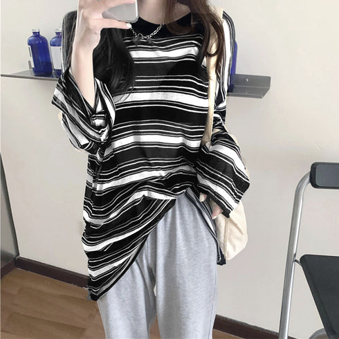 レディース 長袖 シースルートップス ラウンドネック プルオーバー ゆったり 透け ボーダー カットソー おしゃれ tシャツ 春秋夏 韓国ファッション 98AMYI-004