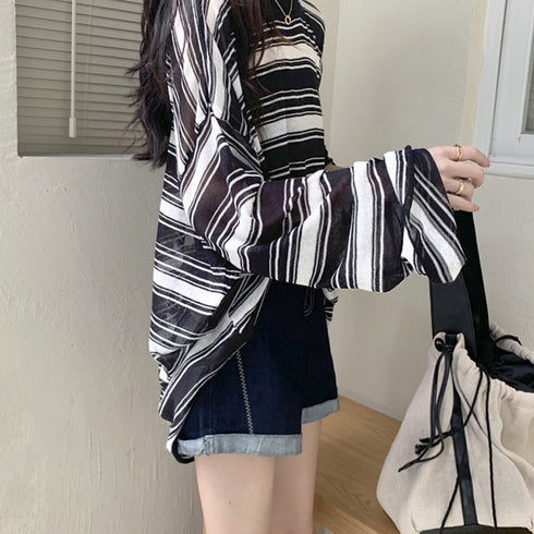 レディース 長袖 シースルートップス ラウンドネック プルオーバー ゆったり 透け ボーダー カットソー おしゃれ tシャツ 春秋夏 韓国ファッション 98AMYI-004