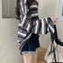 レディース 長袖 シースルートップス ラウンドネック プルオーバー ゆったり 透け ボーダー カットソー おしゃれ tシャツ 春秋夏 韓国ファッション 98AMYI-004