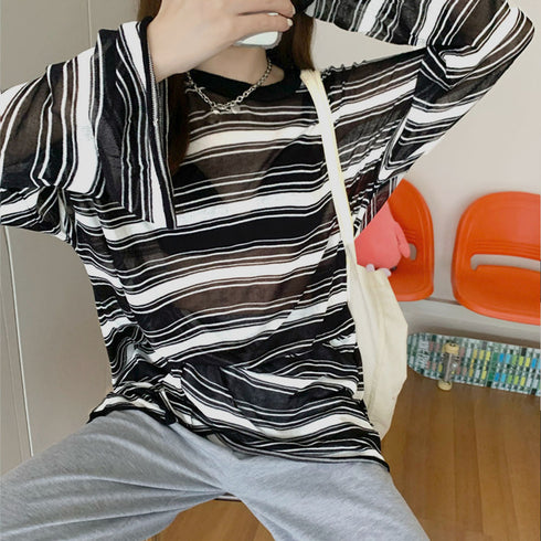 レディース 長袖 シースルートップス ラウンドネック プルオーバー ゆったり 透け ボーダー カットソー おしゃれ tシャツ 春秋夏 韓国ファッション 98AMYI-004
