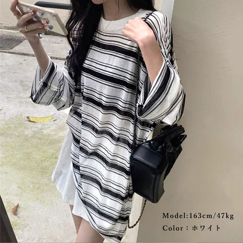レディース 長袖 シースルートップス ラウンドネック プルオーバー ゆったり 透け ボーダー カットソー おしゃれ tシャツ 春秋夏 韓国ファッション 98AMYI-004
