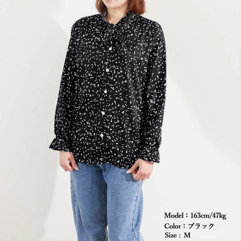 シフォン シャツブラウス レディース 上品 オフィスブラウス 大人 長袖 シャツ 春秋 新作 プリント ゆったり 袖パフスリーブ フリル リボンタイブラウス 98ASNI-001
