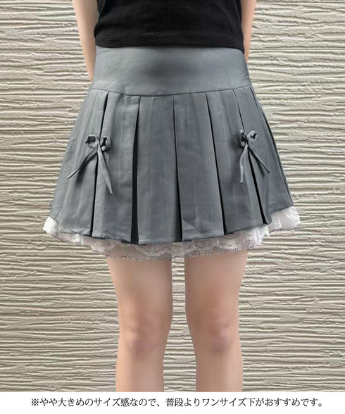 ボックスプリーツスカート ミニスカート夏 レディース ハイウエスト ショート丈スカート インナーパンツ付き Aラインスカート 裾レース ボリューム 細見えスカート 98AWEI-001