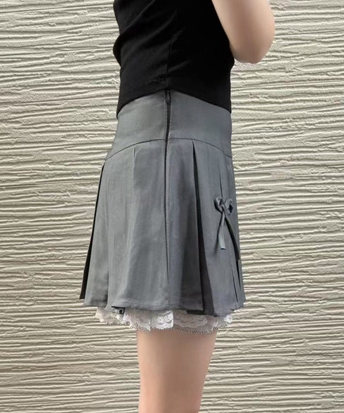 ボックスプリーツスカート ミニスカート夏 レディース ハイウエスト ショート丈スカート インナーパンツ付き Aラインスカート 裾レース ボリューム 細見えスカート 98AWEI-001