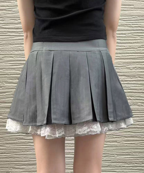 ボックスプリーツスカート ミニスカート夏 レディース ハイウエスト ショート丈スカート インナーパンツ付き Aラインスカート 裾レース ボリューム 細見えスカート 98AWEI-001