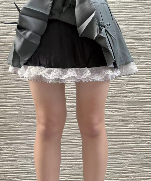 ボックスプリーツスカート ミニスカート夏 レディース ハイウエスト ショート丈スカート インナーパンツ付き Aラインスカート 裾レース ボリューム 細見えスカート 98AWEI-001