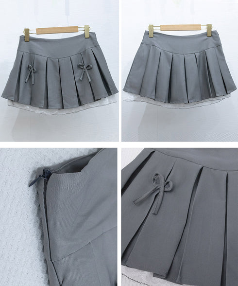 ボックスプリーツスカート ミニスカート夏 レディース ハイウエスト ショート丈スカート インナーパンツ付き Aラインスカート 裾レース ボリューム 細見えスカート 98AWEI-001