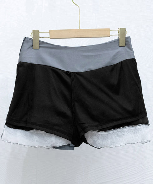 ボックスプリーツスカート ミニスカート夏 レディース ハイウエスト ショート丈スカート インナーパンツ付き Aラインスカート 裾レース ボリューム 細見えスカート 98AWEI-001