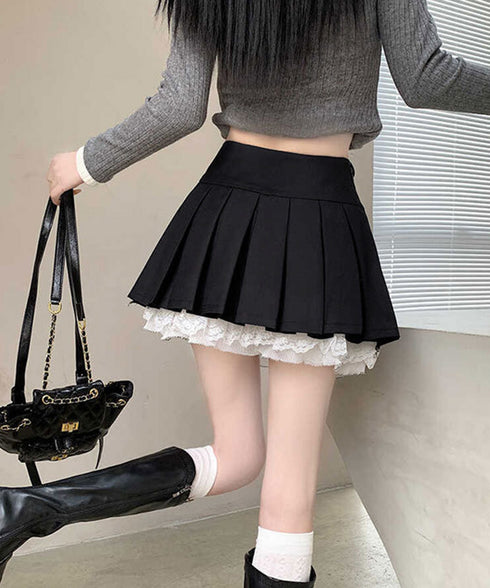 ボックスプリーツスカート ミニスカート夏 レディース ハイウエスト ショート丈スカート インナーパンツ付き Aラインスカート 裾レース ボリューム 細見えスカート 98AWEI-001