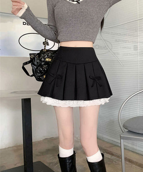 ボックスプリーツスカート ミニスカート夏 レディース ハイウエスト ショート丈スカート インナーパンツ付き Aラインスカート 裾レース ボリューム 細見えスカート 98AWEI-001