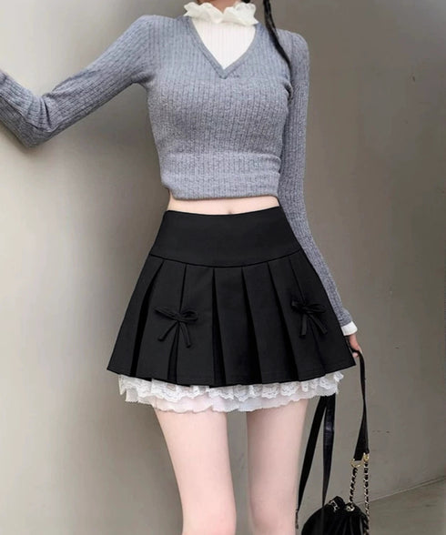 ボックスプリーツスカート ミニスカート夏 レディース ハイウエスト ショート丈スカート インナーパンツ付き Aラインスカート 裾レース ボリューム 細見えスカート 98AWEI-001