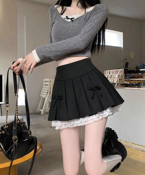 ボックスプリーツスカート ミニスカート夏 レディース ハイウエスト ショート丈スカート インナーパンツ付き Aラインスカート 裾レース ボリューム 細見えスカート 98AWEI-001