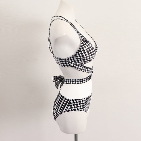 水着 千鳥柄 バックリボン スイムウェア ビキニ 2点セット リボン水着 韓国風 体型カバー 谷間 セットアップ 大きいサイズ水着 海水浴 98AWYI-001