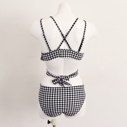 水着 千鳥柄 バックリボン スイムウェア ビキニ 2点セット リボン水着 韓国風 体型カバー 谷間 セットアップ 大きいサイズ水着 海水浴 98AWYI-001