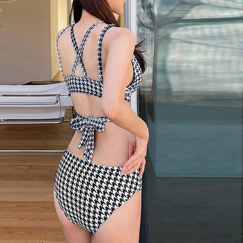 水着 千鳥柄 バックリボン スイムウェア ビキニ 2点セット リボン水着 韓国風 体型カバー 谷間 セットアップ 大きいサイズ水着 海水浴 98AWYI-001