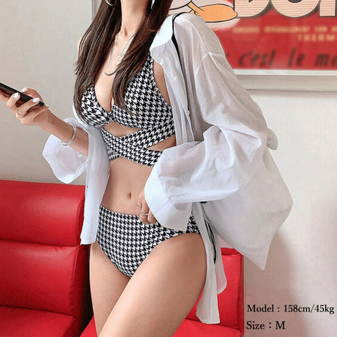 水着 千鳥柄 バックリボン スイムウェア ビキニ 2点セット リボン水着 韓国風 体型カバー 谷間 セットアップ 大きいサイズ水着 海水浴 98AWYI-001