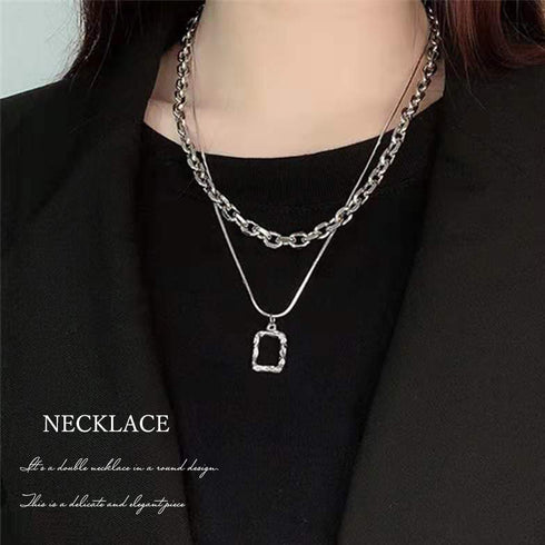 チョーカーネックレス チェーン 2連 2点セット ネックレス スクエアペンダント アクセサリー レディース シンプル 大人 女性 98AX-001