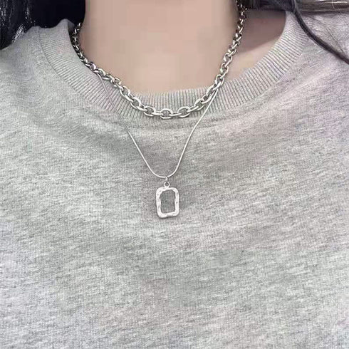 チョーカーネックレス チェーン 2連 2点セット ネックレス スクエアペンダント アクセサリー レディース シンプル 大人 女性 98AX-001