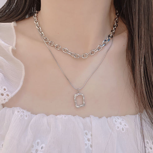 チョーカーネックレス チェーン 2連 2点セット ネックレス スクエアペンダント アクセサリー レディース シンプル 大人 女性 98AX-001