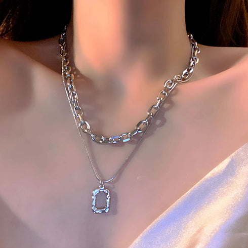 チョーカーネックレス チェーン 2連 2点セット ネックレス スクエアペンダント アクセサリー レディース シンプル 大人 女性 98AX-001