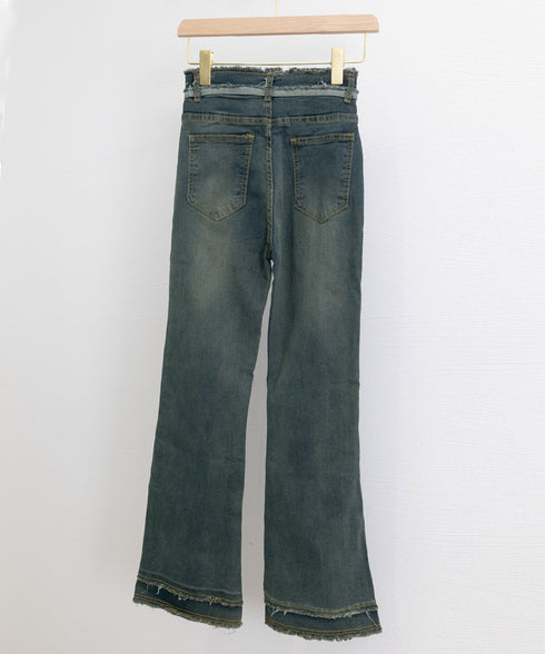 フリンジ フレアパンツ デニムパンツ レディース ハイウエスト 切りっぱなし カットオフ ジーパン カジュアル ブーツカットデニム 細見えデニムパンツ 韓国風 98BME-002