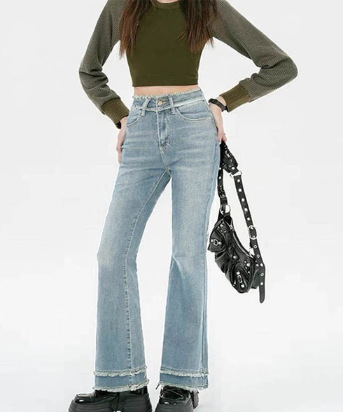 フリンジ フレアパンツ デニムパンツ レディース ハイウエスト 切りっぱなし カットオフ ジーパン カジュアル ブーツカットデニム 細見えデニムパンツ 韓国風 98BME-002