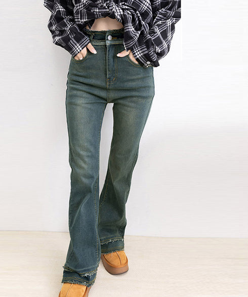 フリンジ フレアパンツ デニムパンツ レディース ハイウエスト 切りっぱなし カットオフ ジーパン カジュアル ブーツカットデニム 細見えデニムパンツ 韓国風 98BME-002