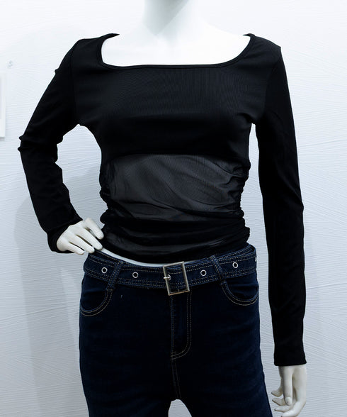 チュール切り替え 長袖Tシャツレディース レイヤードトップス ギャル風 薄手無地 セクシー 修身スリム 韓国風カットソー おしゃれ 透けインナー 着回し 98BNYA-001