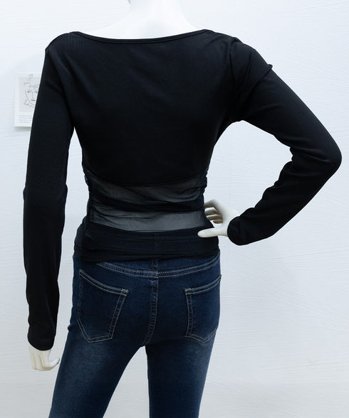 チュール切り替え 長袖Tシャツレディース レイヤードトップス ギャル風 薄手無地 セクシー 修身スリム 韓国風カットソー おしゃれ 透けインナー 着回し 98BNYA-001