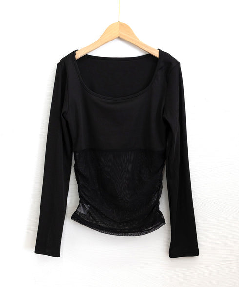 チュール切り替え 長袖Tシャツレディース レイヤードトップス ギャル風 薄手無地 セクシー 修身スリム 韓国風カットソー おしゃれ 透けインナー 着回し 98BNYA-001