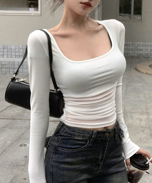チュール切り替え 長袖Tシャツレディース レイヤードトップス ギャル風 薄手無地 セクシー 修身スリム 韓国風カットソー おしゃれ 透けインナー 着回し 98BNYA-001