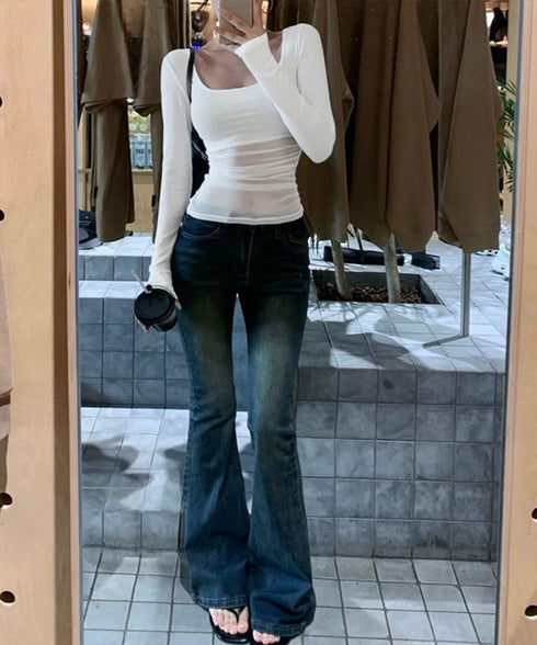 チュール切り替え 長袖Tシャツレディース レイヤードトップス ギャル風 薄手無地 セクシー 修身スリム 韓国風カットソー おしゃれ 透けインナー 着回し 98BNYA-001