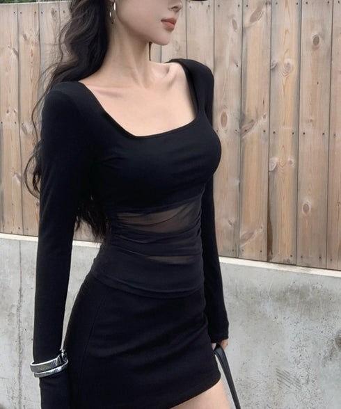 チュール切り替え 長袖Tシャツレディース レイヤードトップス ギャル風 薄手無地 セクシー 修身スリム 韓国風カットソー おしゃれ 透けインナー 着回し 98BNYA-001