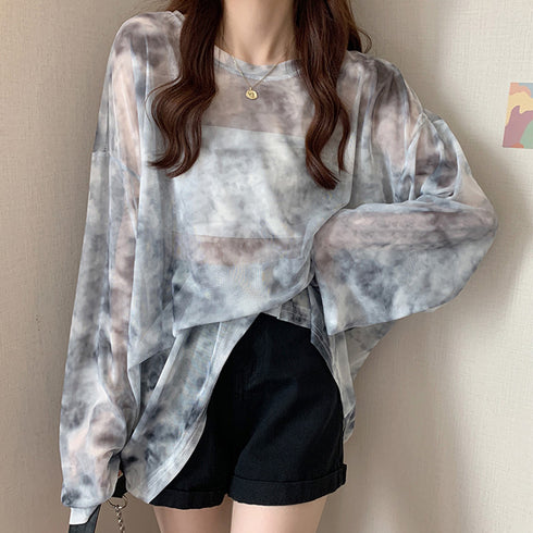 シースルー Tシャツ レディース 長袖 大人気 タイダイ トレンド シアー プルオーバー 透け感 薄手 カジュアル おしゃれ 98CCZ-001