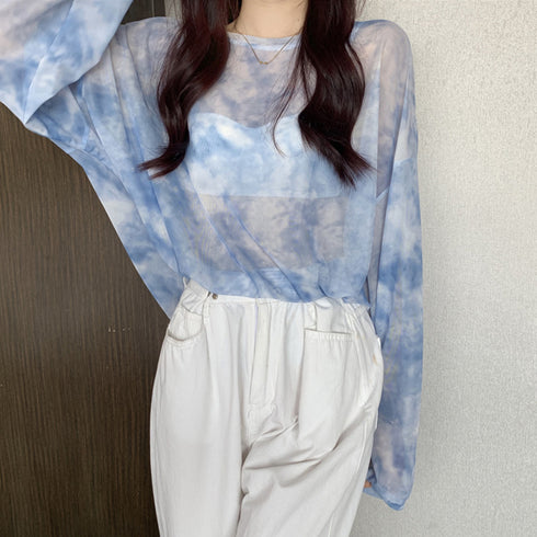 シースルー Tシャツ レディース 長袖 大人気 タイダイ トレンド シアー プルオーバー 透け感 薄手 カジュアル おしゃれ 98CCZ-001