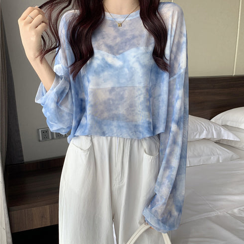 シースルー Tシャツ レディース 長袖 大人気 タイダイ トレンド シアー プルオーバー 透け感 薄手 カジュアル おしゃれ 98CCZ-001