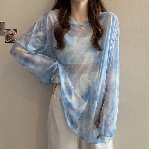 シースルー Tシャツ レディース 長袖 大人気 タイダイ トレンド シアー プルオーバー 透け感 薄手 カジュアル おしゃれ 98CCZ-001