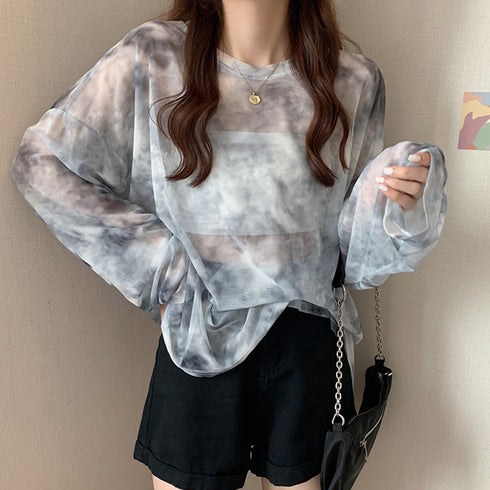 シースルー Tシャツ レディース 長袖 大人気 タイダイ トレンド シアー プルオーバー 透け感 薄手 カジュアル おしゃれ 98CCZ-001