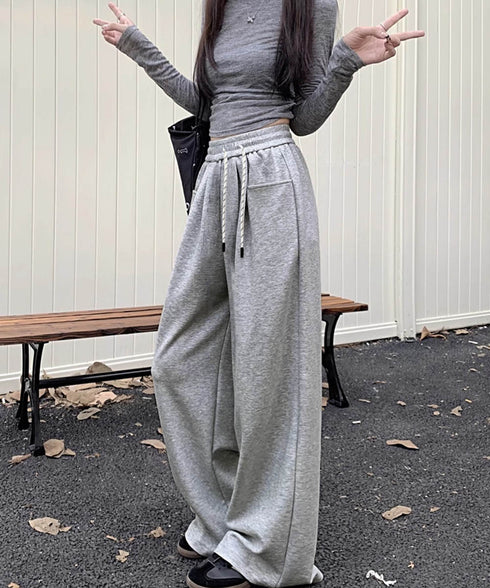 ワイドシルエットシンプルスウェットパンツ レディース ルーズシルエット ズボン カジュアル パンツ ハイウエスト ゆったり 体型カバーボトムス ロングパンツ 98CHAY-001