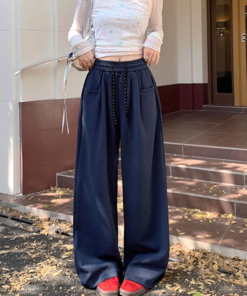 ワイドシルエットシンプルスウェットパンツ レディース ルーズシルエット ズボン カジュアル パンツ ハイウエスト ゆったり 体型カバーボトムス ロングパンツ 98CHAY-001