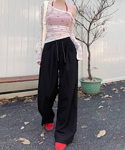 ワイドシルエットシンプルスウェットパンツ レディース ルーズシルエット ズボン カジュアル パンツ ハイウエスト ゆったり 体型カバーボトムス ロングパンツ 98CHAY-001