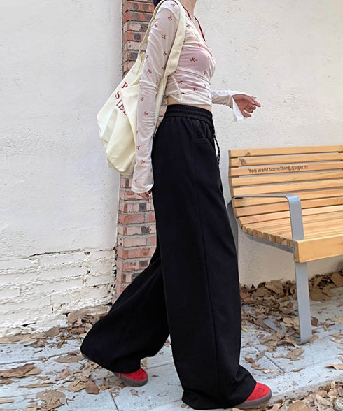 ワイドシルエットシンプルスウェットパンツ レディース ルーズシルエット ズボン カジュアル パンツ ハイウエスト ゆったり 体型カバーボトムス ロングパンツ 98CHAY-001