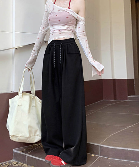 ワイドシルエットシンプルスウェットパンツ レディース ルーズシルエット ズボン カジュアル パンツ ハイウエスト ゆったり 体型カバーボトムス ロングパンツ 98CHAY-001