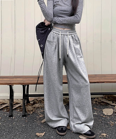 ワイドシルエットシンプルスウェットパンツ レディース ルーズシルエット ズボン カジュアル パンツ ハイウエスト ゆったり 体型カバーボトムス ロングパンツ 98CHAY-001