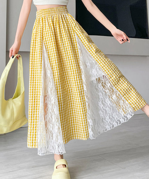 レース切り替え ロングチェック柄スカート レディース 韓国風ロングスカート 大人可愛い 花柄レーススカート ギンガムチェックスカート ウエストゴム フレアスカート 98CHAYA-001