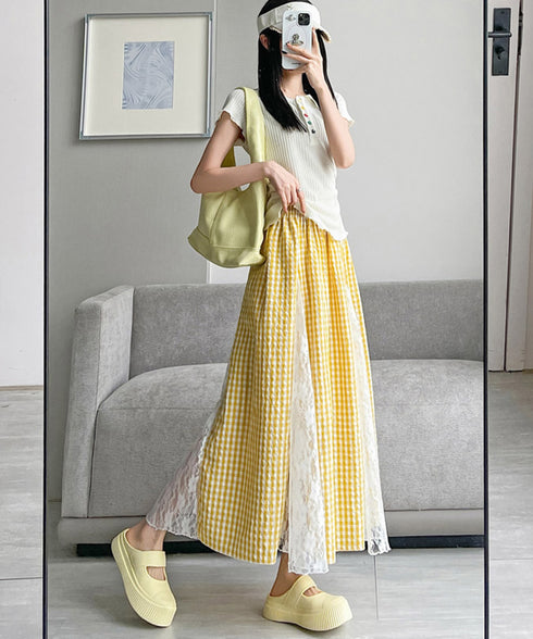 レース切り替え ロングチェック柄スカート レディース 韓国風ロングスカート 大人可愛い 花柄レーススカート ギンガムチェックスカート ウエストゴム フレアスカート 98CHAYA-001