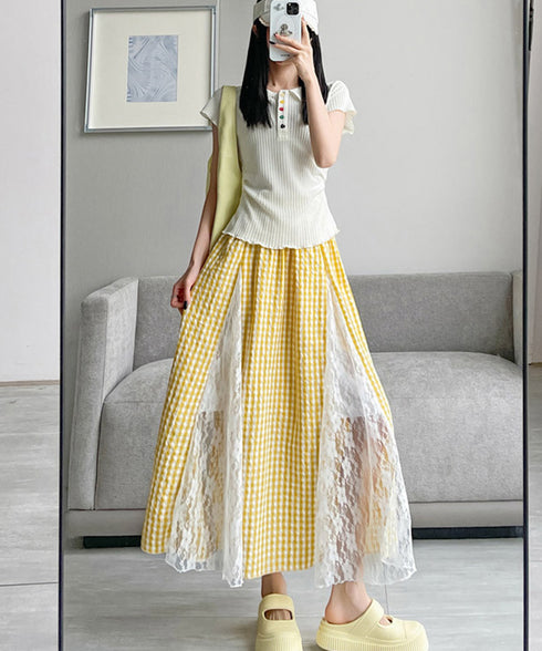 レース切り替え ロングチェック柄スカート レディース 韓国風ロングスカート 大人可愛い 花柄レーススカート ギンガムチェックスカート ウエストゴム フレアスカート 98CHAYA-001