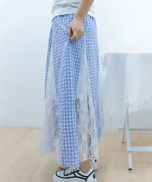 レース切り替え ロングチェック柄スカート レディース 韓国風ロングスカート 大人可愛い 花柄レーススカート ギンガムチェックスカート ウエストゴム フレアスカート 98CHAYA-001